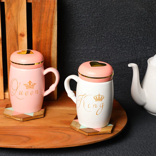 King & Queen Ceramic Mugs with Golden Heart Lid