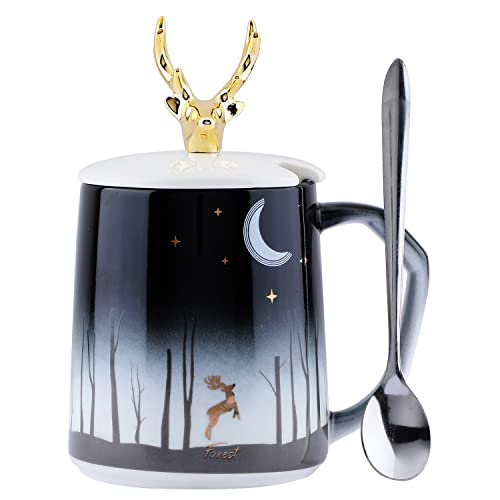 Deer Coffee Mug with Golden Deer Lid & Spoon