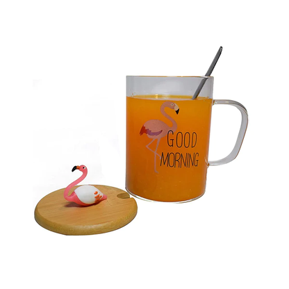 Flamingo Glass Coffee Tea Mug with Lid & Spoon