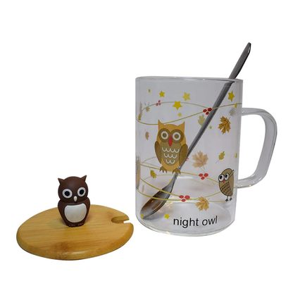 Night Owl Glass Coffee Tea Mug with Lid & Spoon