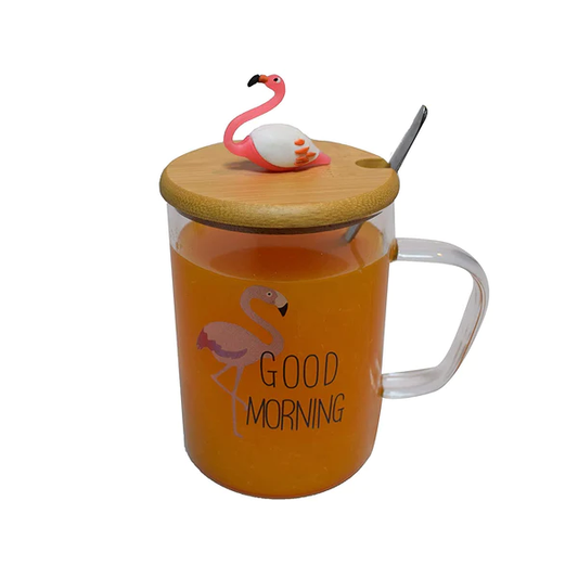 Flamingo Glass Coffee Tea Mug with Lid & Spoon