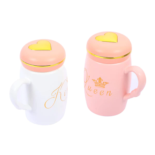 King & Queen Ceramic Mugs with Golden Heart Lid