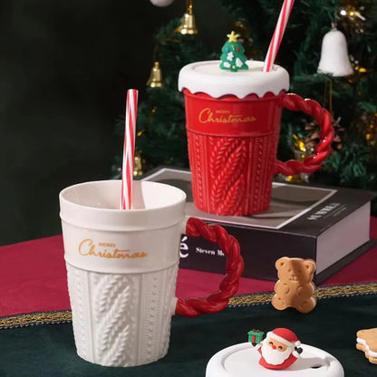 Christmas Tree Ceramic Cups with Lid Straw