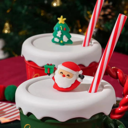 Christmas Tree Ceramic Cups with Lid Straw