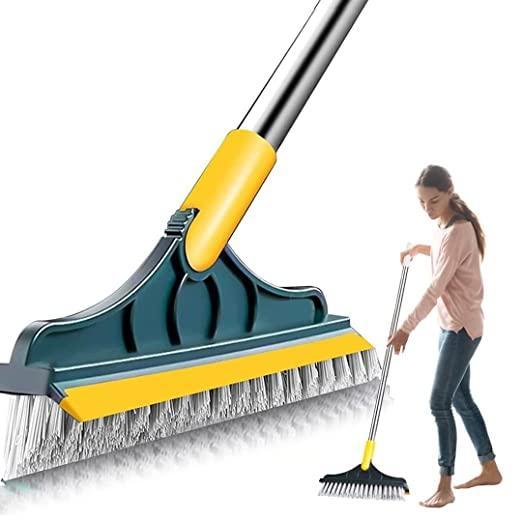 Floor Scrub Brush with Squeegee, Floor Brush Scrubber with Long Handle, Premium Rotating Bathroom Kitchen Crevice Cleaning Brush, 120 Degree Triangular Rotating Brush Head