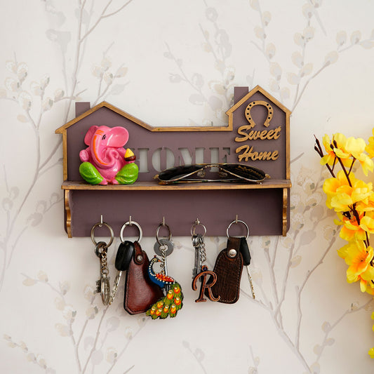 Sweet Home Multiutility 5 Hooks Wooden Keyholder with Shelf