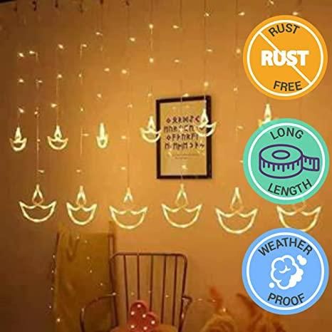 Warm White Diya/Diwali Light Curtain Led String Lights with Pack of 12 Hanging Diyas 8 Flashing Modes Decoration Prong Base