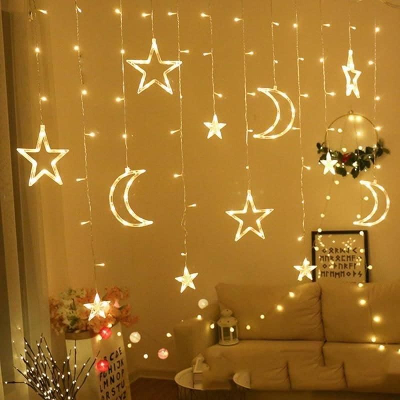 Moon & Star LED Curtain String Decorative Lights, STAR MOON FAIRY LIGHT, Moon & Star warm white/ multi Curtain Decoration Light, 3 Moon + 3 Star + 6 Mini Star