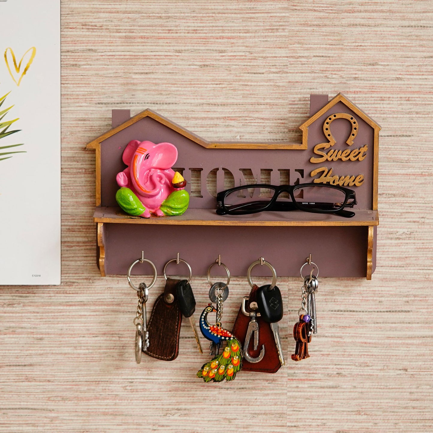 Sweet Home Multiutility 5 Hooks Wooden Keyholder with Shelf