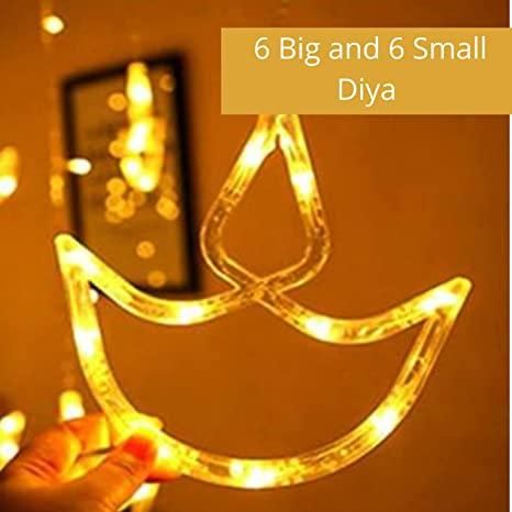 Warm White Diya/Diwali Light Curtain Led String Lights with Pack of 12 Hanging Diyas 8 Flashing Modes Decoration Prong Base